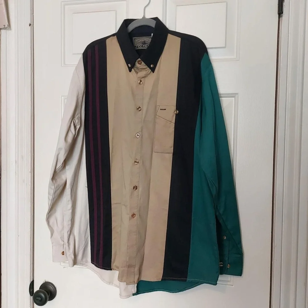 Spindle River Classics Mens Colorblock Button Up Shirt Beige Teal Black L NWT